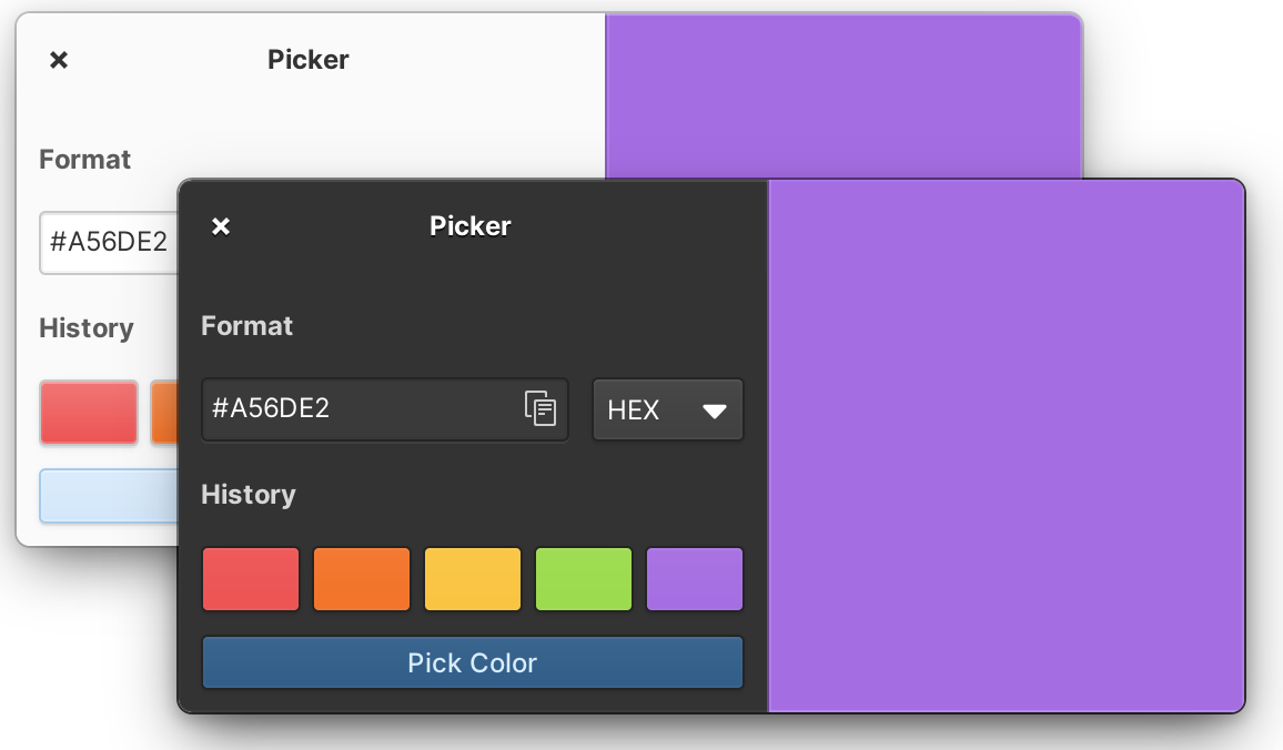 Two windows demonstrating the UI of a color picker program. One in dark mode the other in light mode